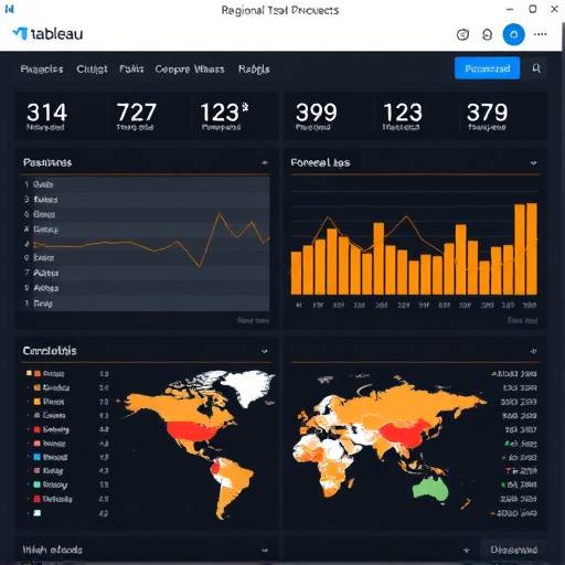 A Tableau sales dashboard displaying regional sales performance and trends.